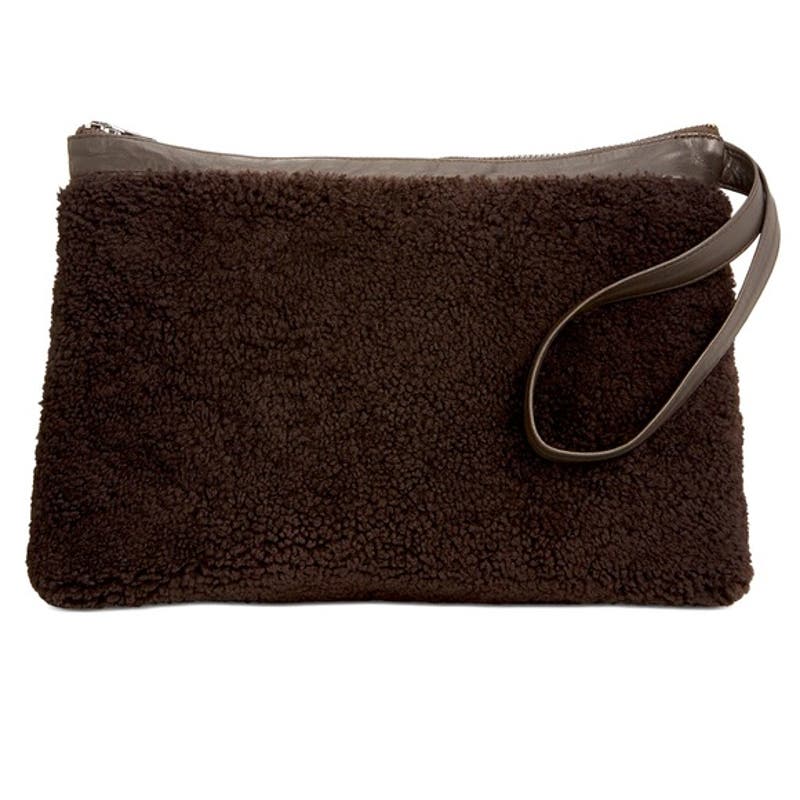 VIAVENETO "Delilah" Curly Shearling Wristlet In Dark Chocolate Brown