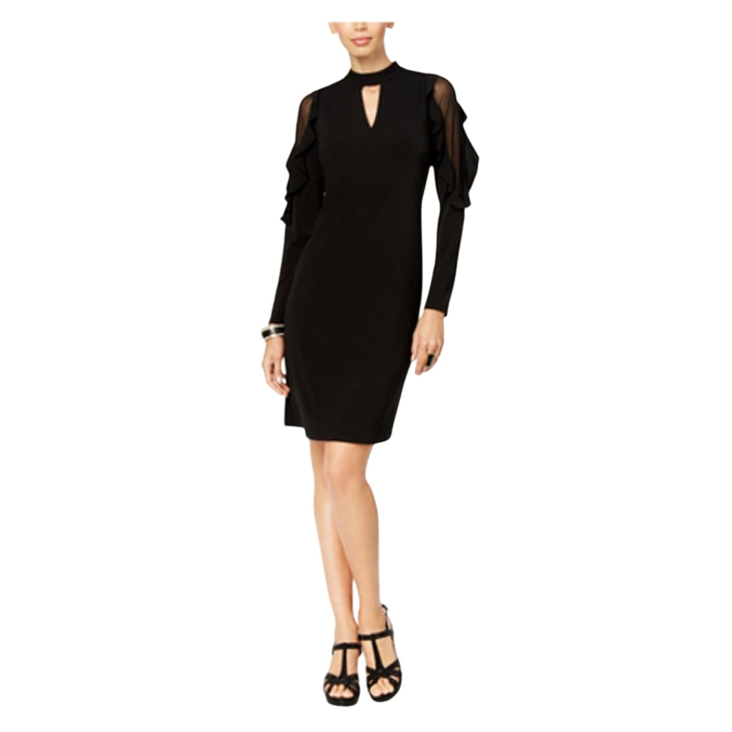 Thalia Sodi Women's Black Ruffle Sleeve Illusion Dress, Large