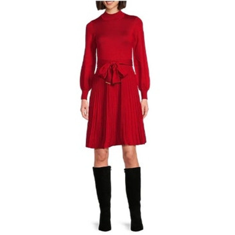 Jessica Howard Women's Ribbed Long-Sleeve Belted Sweater Dress in Red