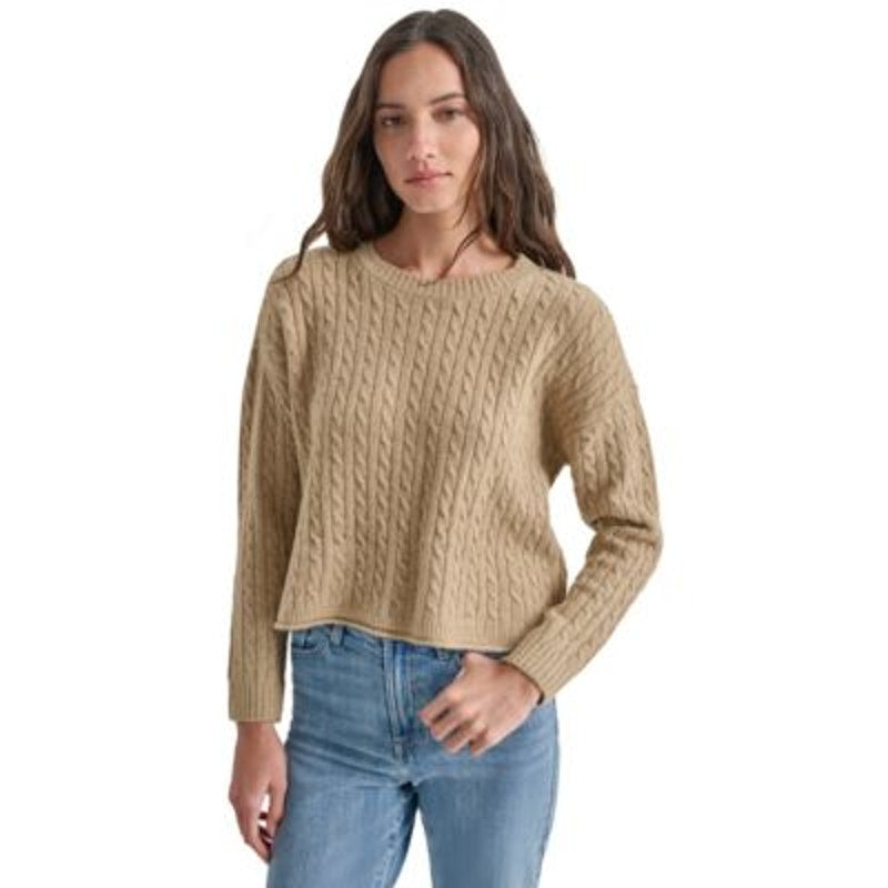 DKNY Jeans Petite Crewneck Cable-Knit Sweater in Metallic Travertine Tan