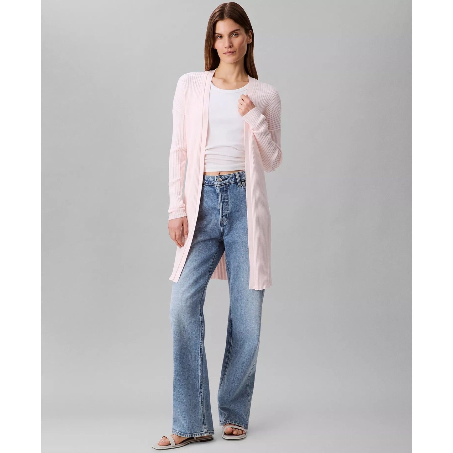 Calvin Klein Women's Cotton Ribbed Open-Front Duster Cardigan in Pearl Pink