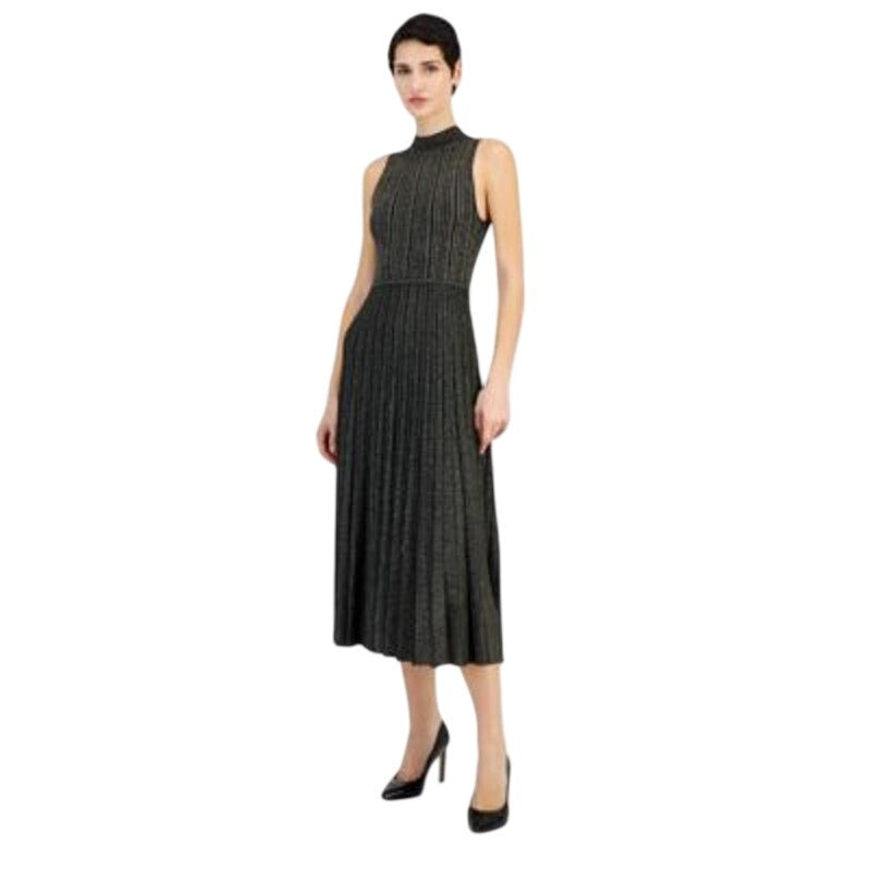 T Tahari Women's Metallic Mock-Neck Pleated Midi Dress in Black & Gold Lurex