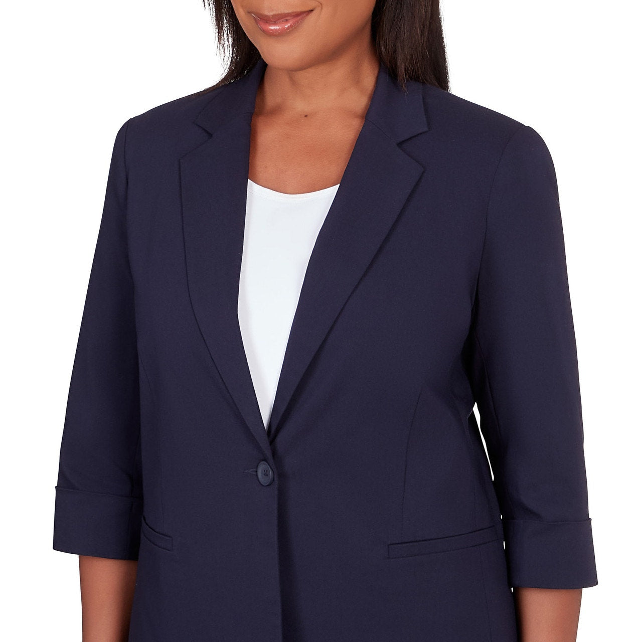 Alfred Dunner Women's Petite Key Items Blazer Jacket in Navy Blue