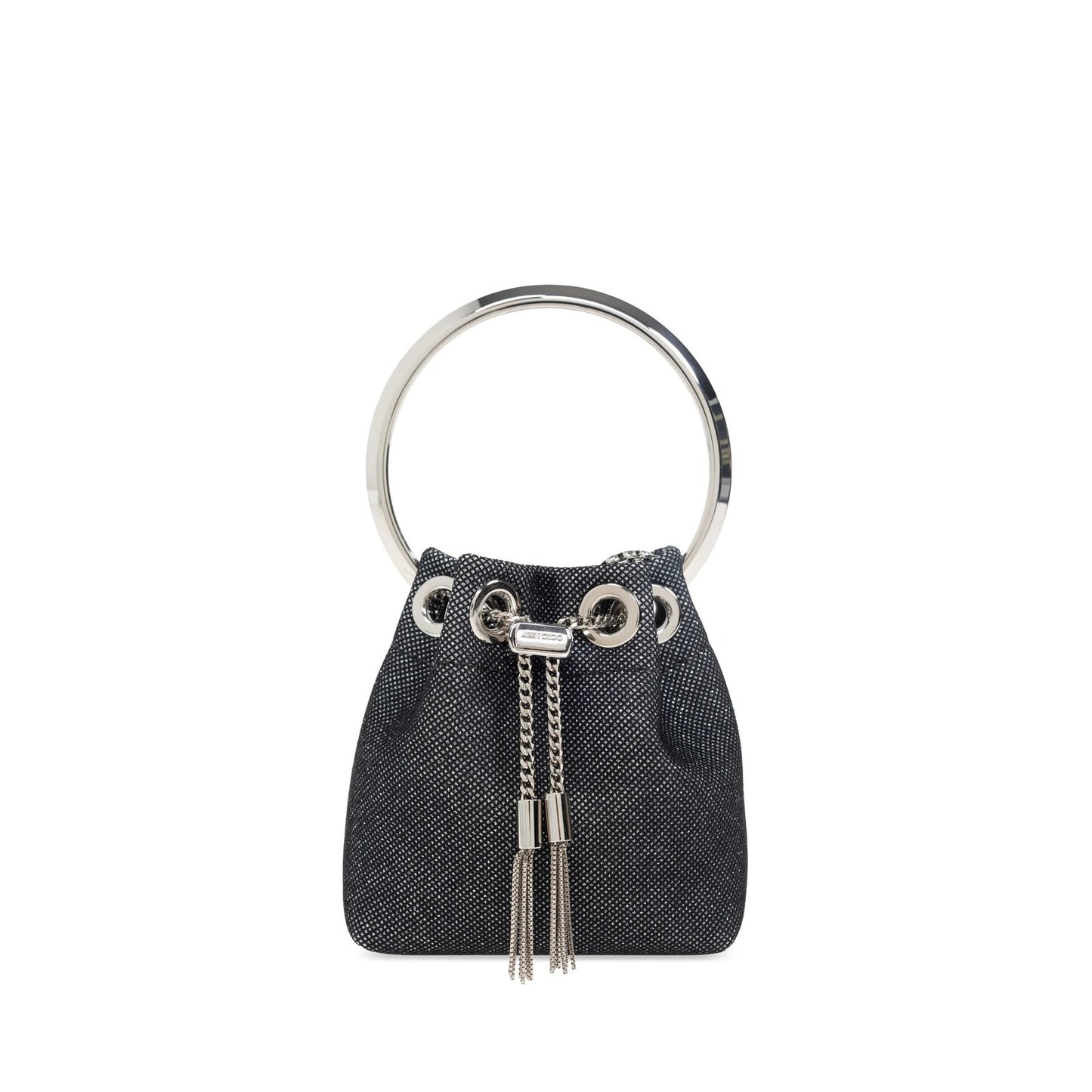 Height: 12cm Width: 11.5cm Depth: 7cm Metal chain strap Single top handle Drawstring closure with tassel details Composition: 25% Nylon, 50% Brass, 25% Crystal