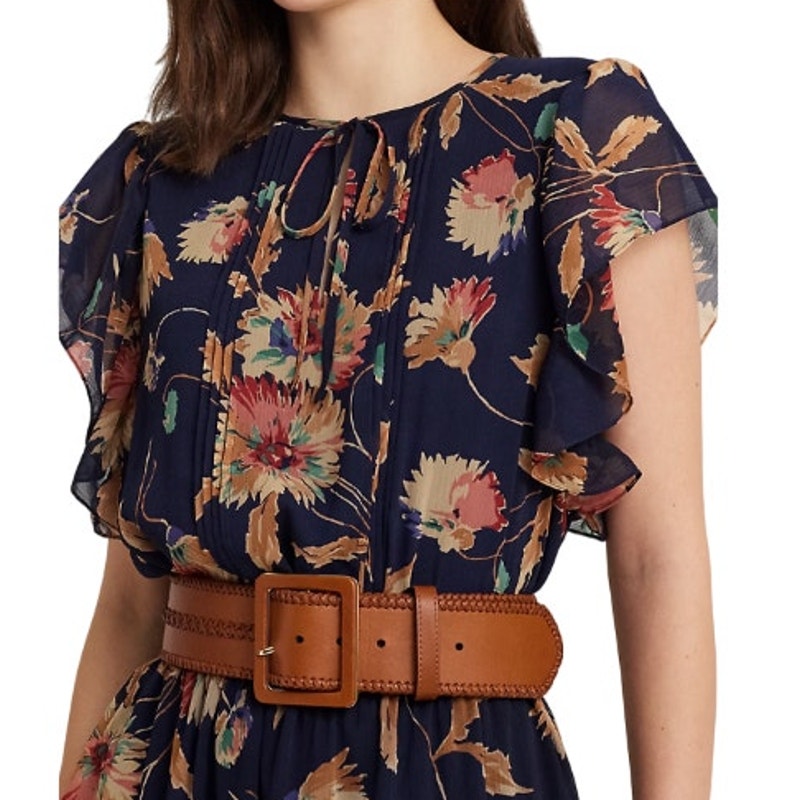Lauren Ralph Lauren Women's Floral Crinkle Georgette Dress in Navy Blue & Orange