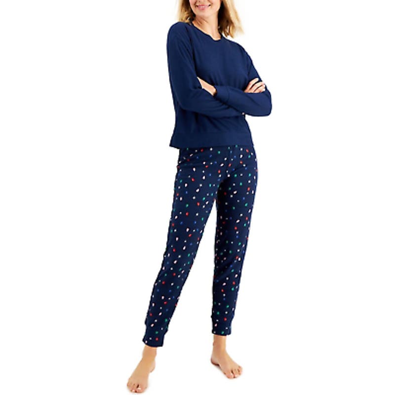 JENNI Women's Navy Blue Holiday Lights Pajama Set
