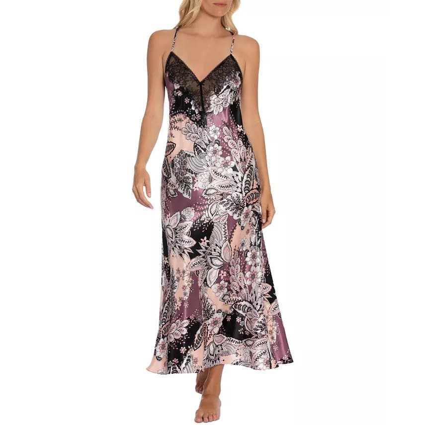 LINEA DONATELLA Maxi Paisley Solid Charmeuse Satin Nightgown