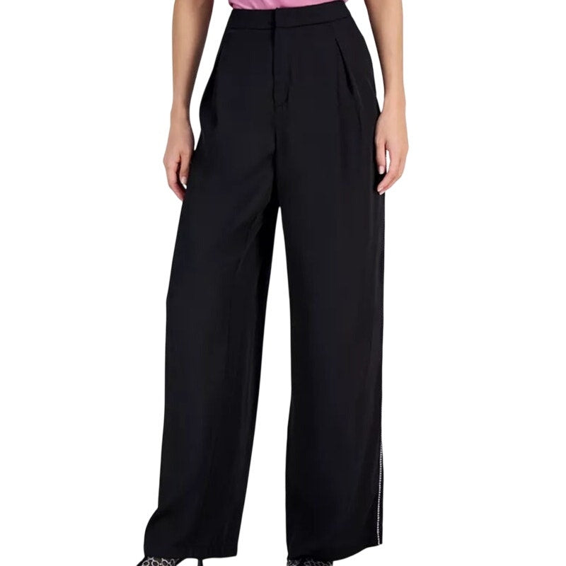 INC International Concepts Women's High-Rise Rhinestone-Trim Pants in Deep Black