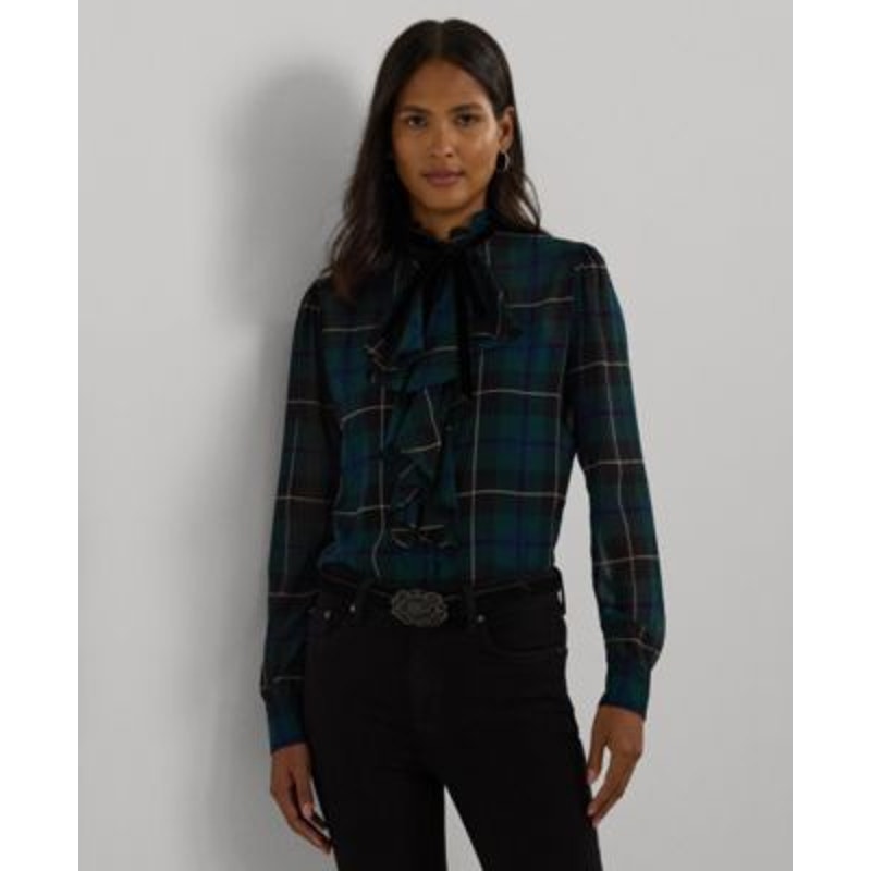 Lauren Ralph Lauren Women's Plaid Ruffle-Trim Georgette Top in Blue Green Plaid