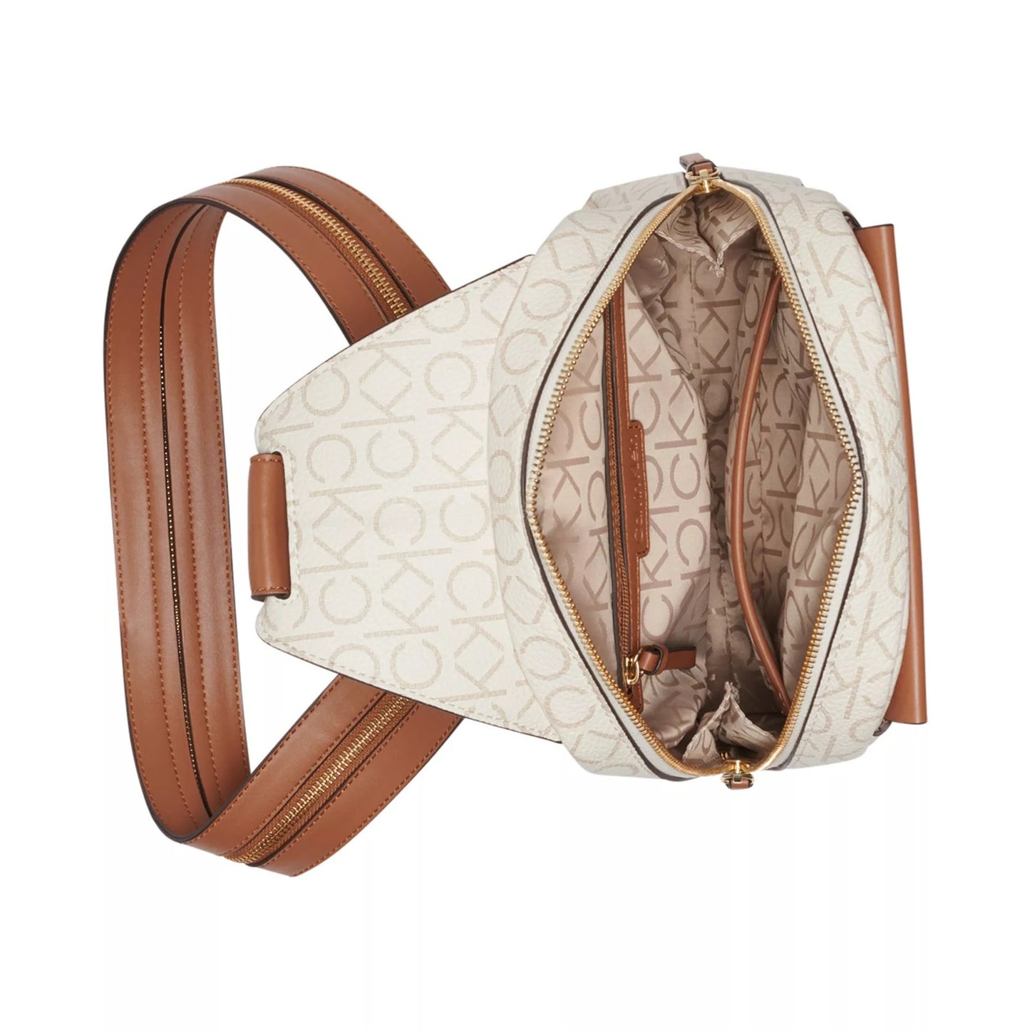 Calvin Klein Millie Signature Convertible Sling Backpack In Vanilla Khaki/Caramel