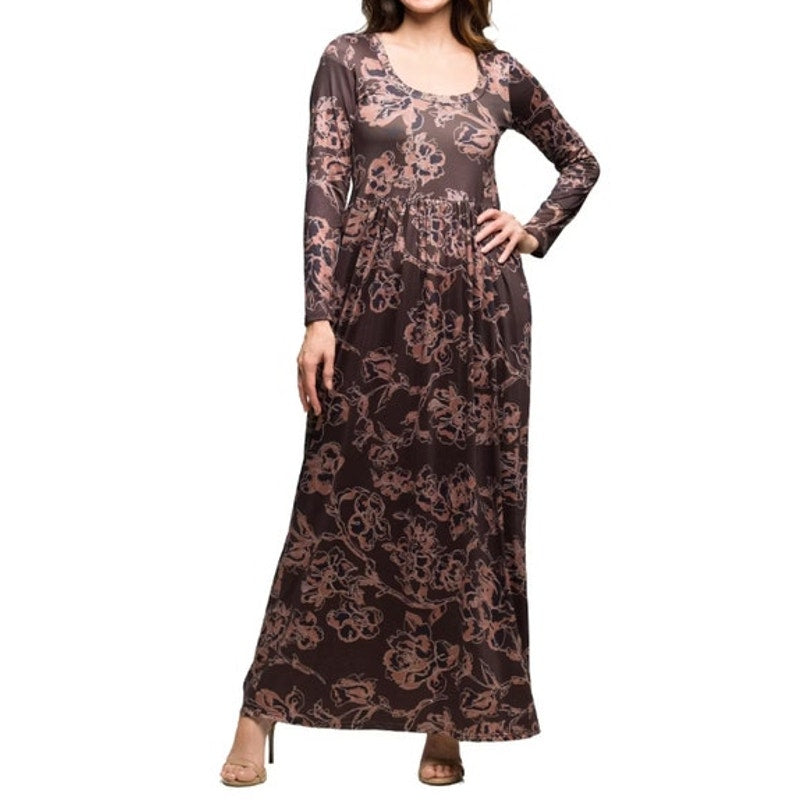 24Seven Comfort Apparel Women's Long-Sleeve Floral Print Maxi Dress in Brown