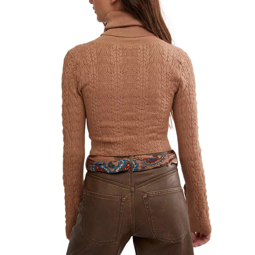 Free People Women's "Maddie" Cable-Knit Turtleneck Sweater in Cafe Latte Brown
