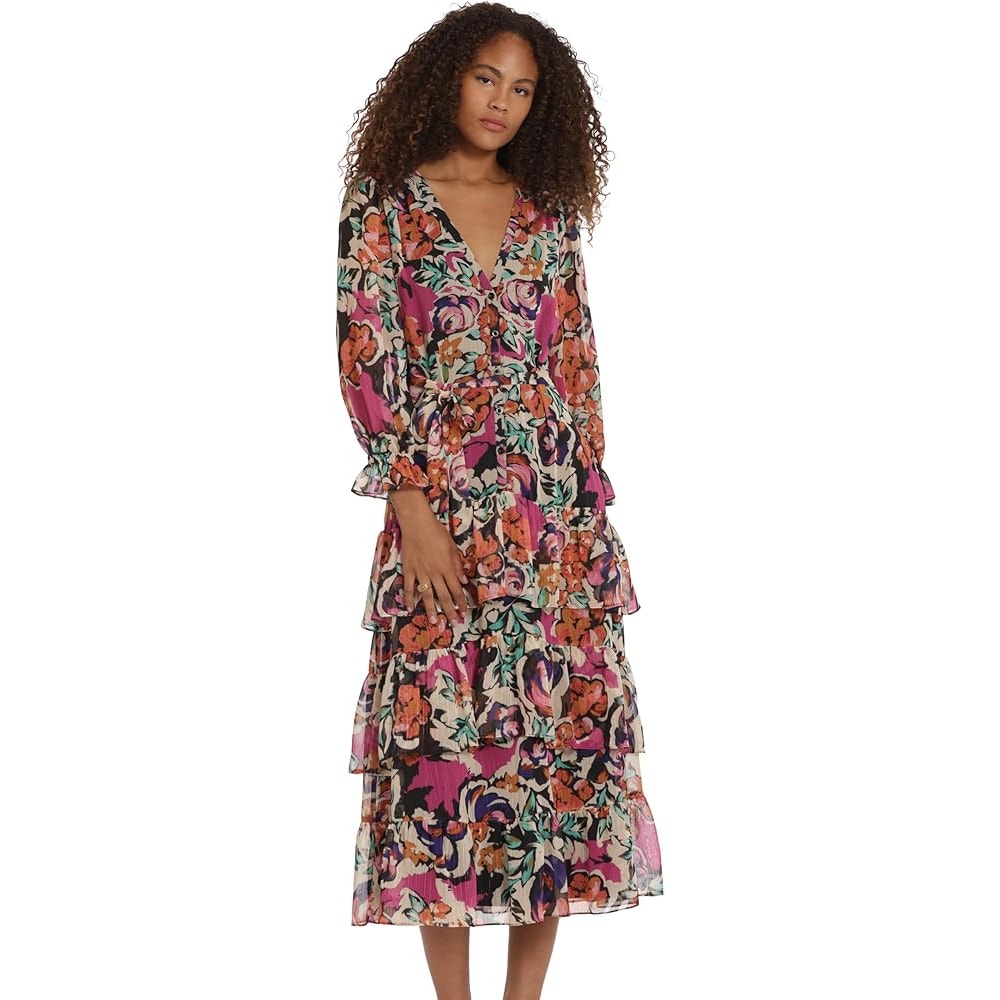 Donna Morgan Women's V-Neck Button-Front Long Sleeve Maxi Dress in Floral Multi