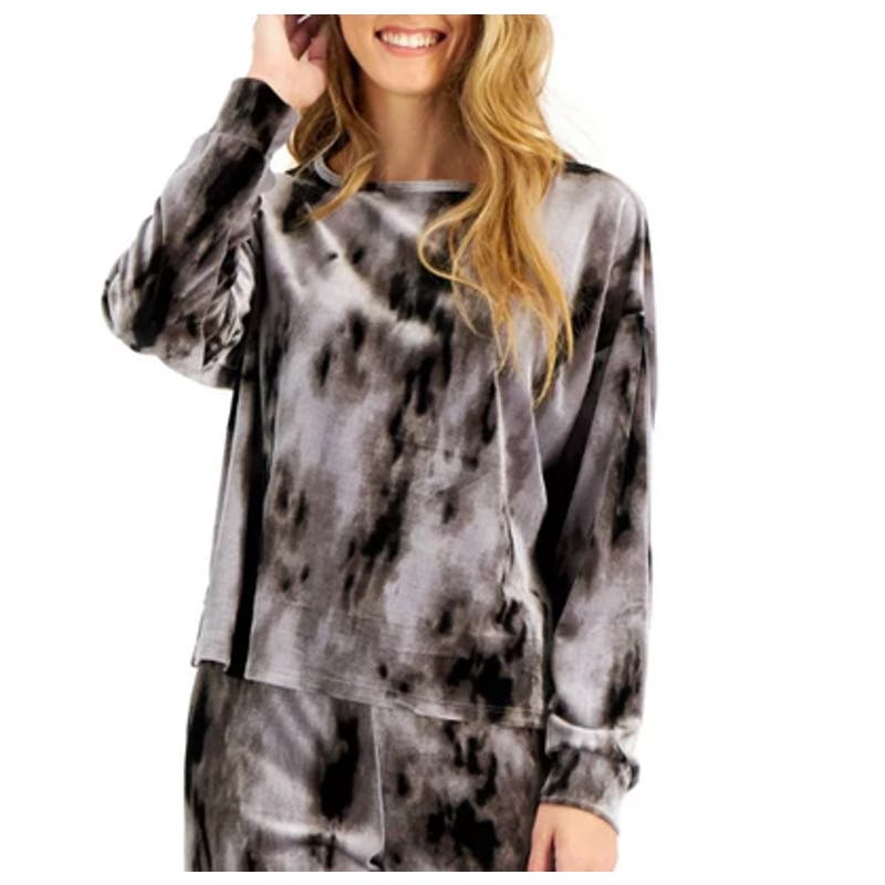 JENNI Women's Gray Velvet Tie Dye Crew Neck Lounge Top