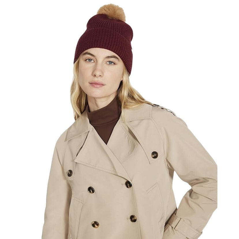 Steve Madden Beanie Faux Fur Pom Pom Wine One Size in Wine