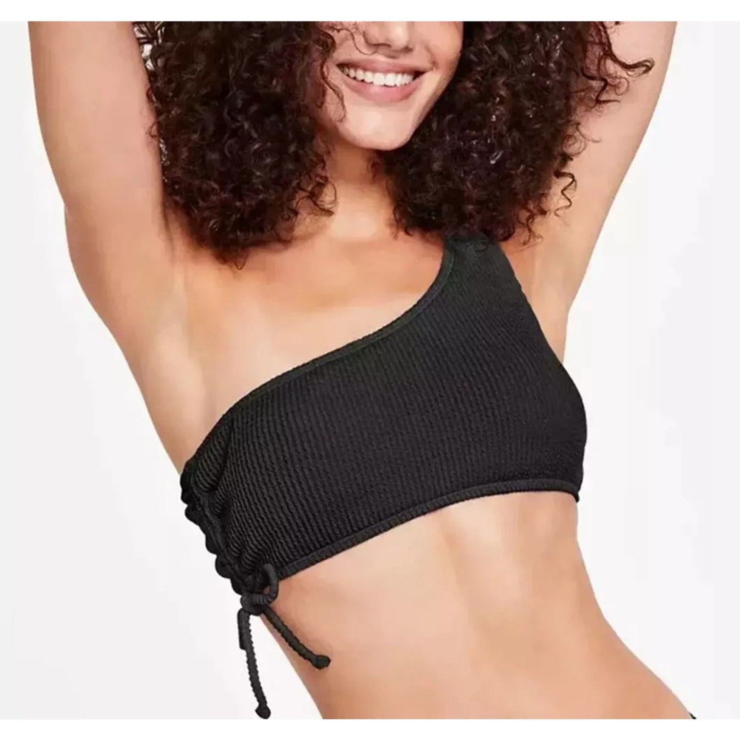 Salt + Cove Women's One-Shoulder Side-Cinch Hipster Bikini Top In Black