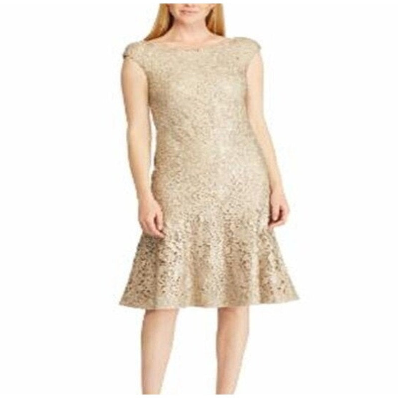 Ralph Lauren Cream Tan Lace “Noralene” Cocktail Dress, Sleeveless