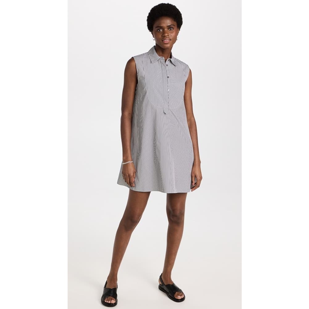 THEORY SLEEVELESS BIB TUNIC MINI DRESS DOWNING CHARCOAL STRIPE