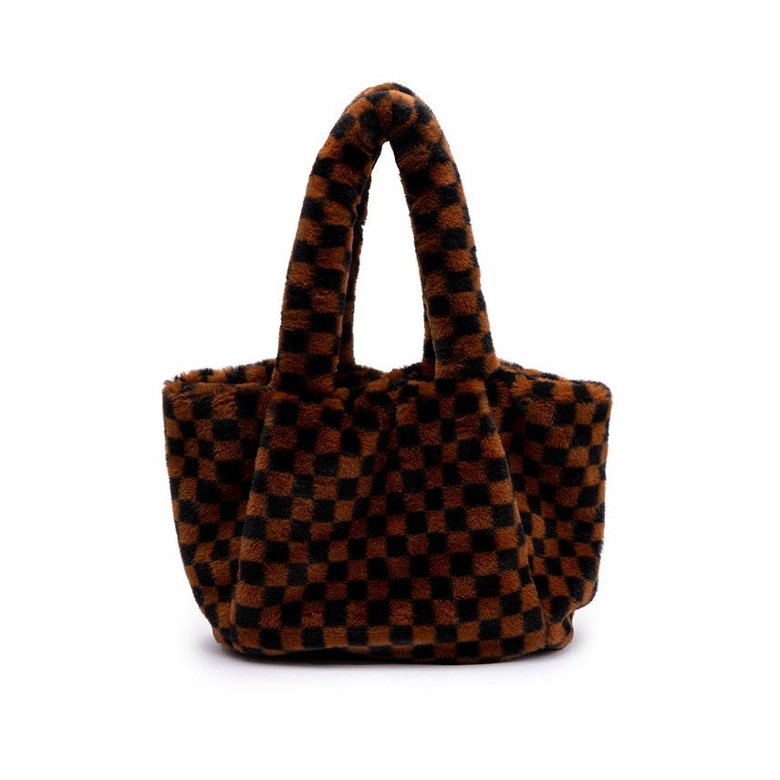 Skinny Dip Ladies "Ella" Brown & Black Checkerboard Fluff Tote Bag
