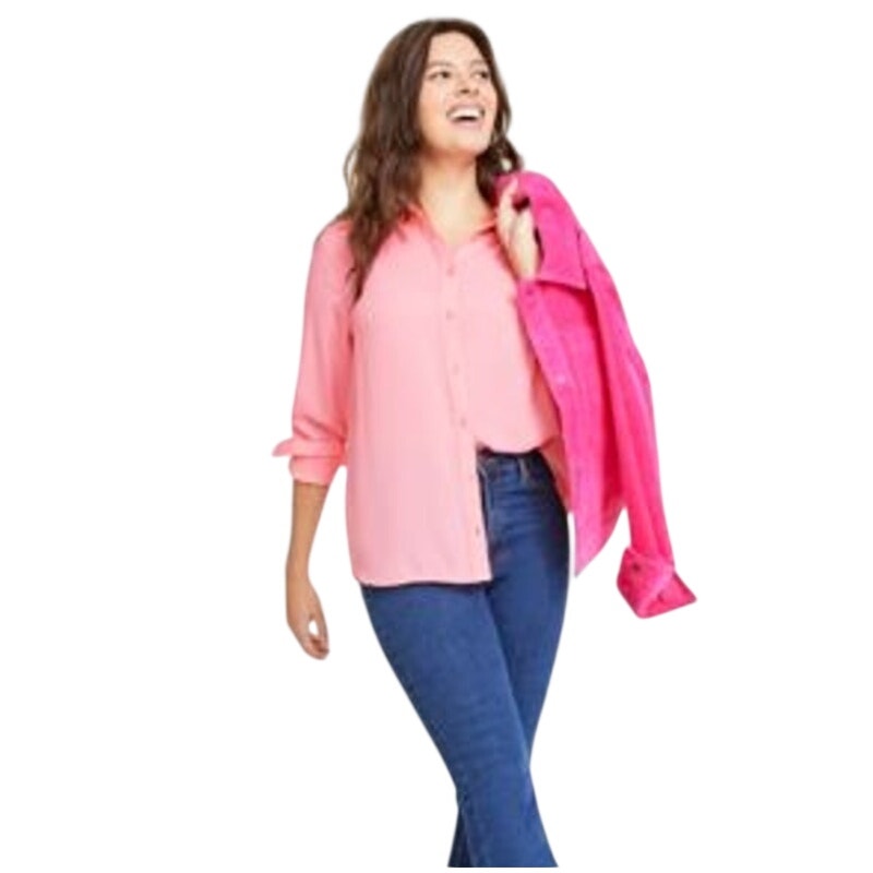 On 34th Women's Striped Button-Front Crepe Top in Salmon Rose Pink