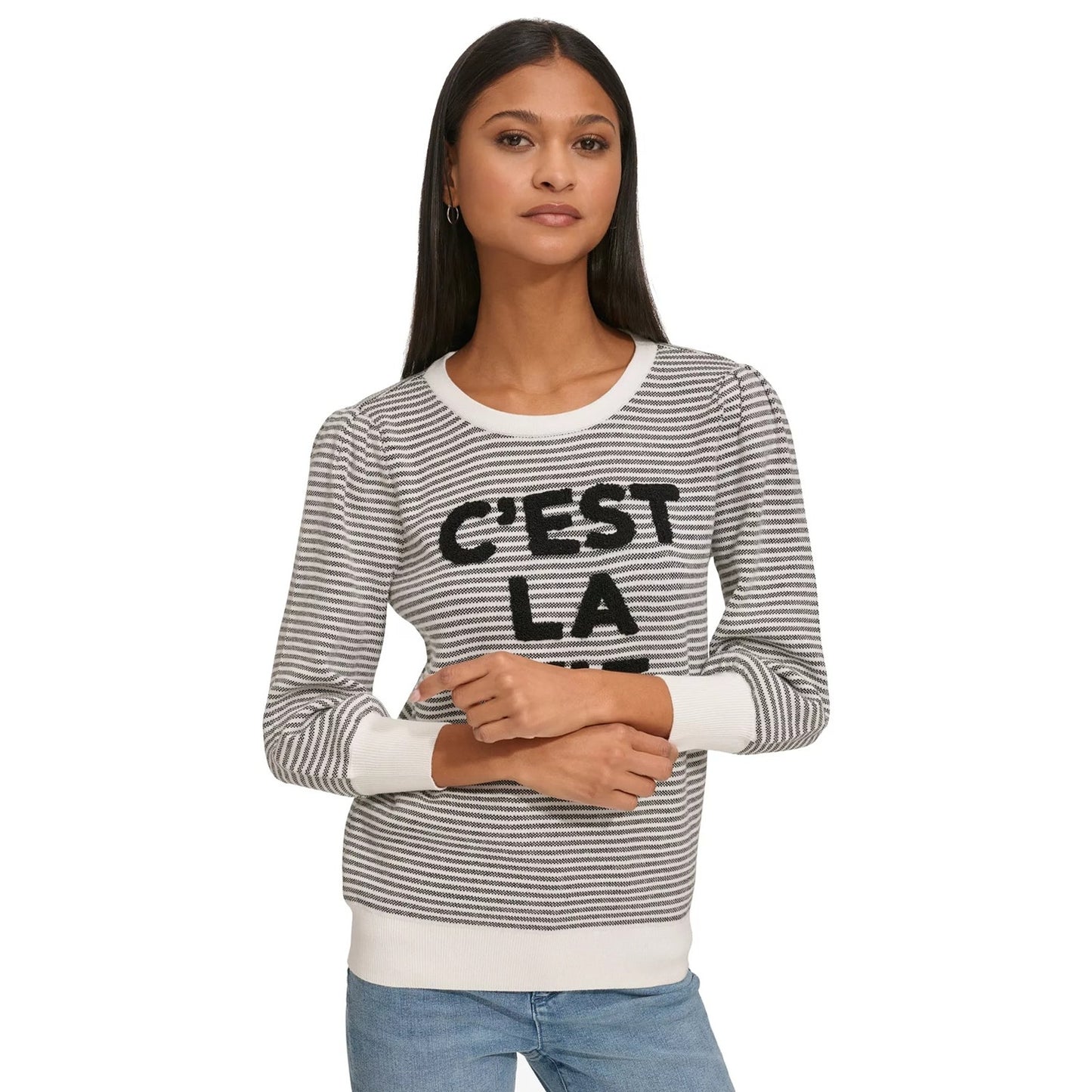 KARL LAGERFELD PARIS Women's C'est La Vie Striped Sweater in White & Black