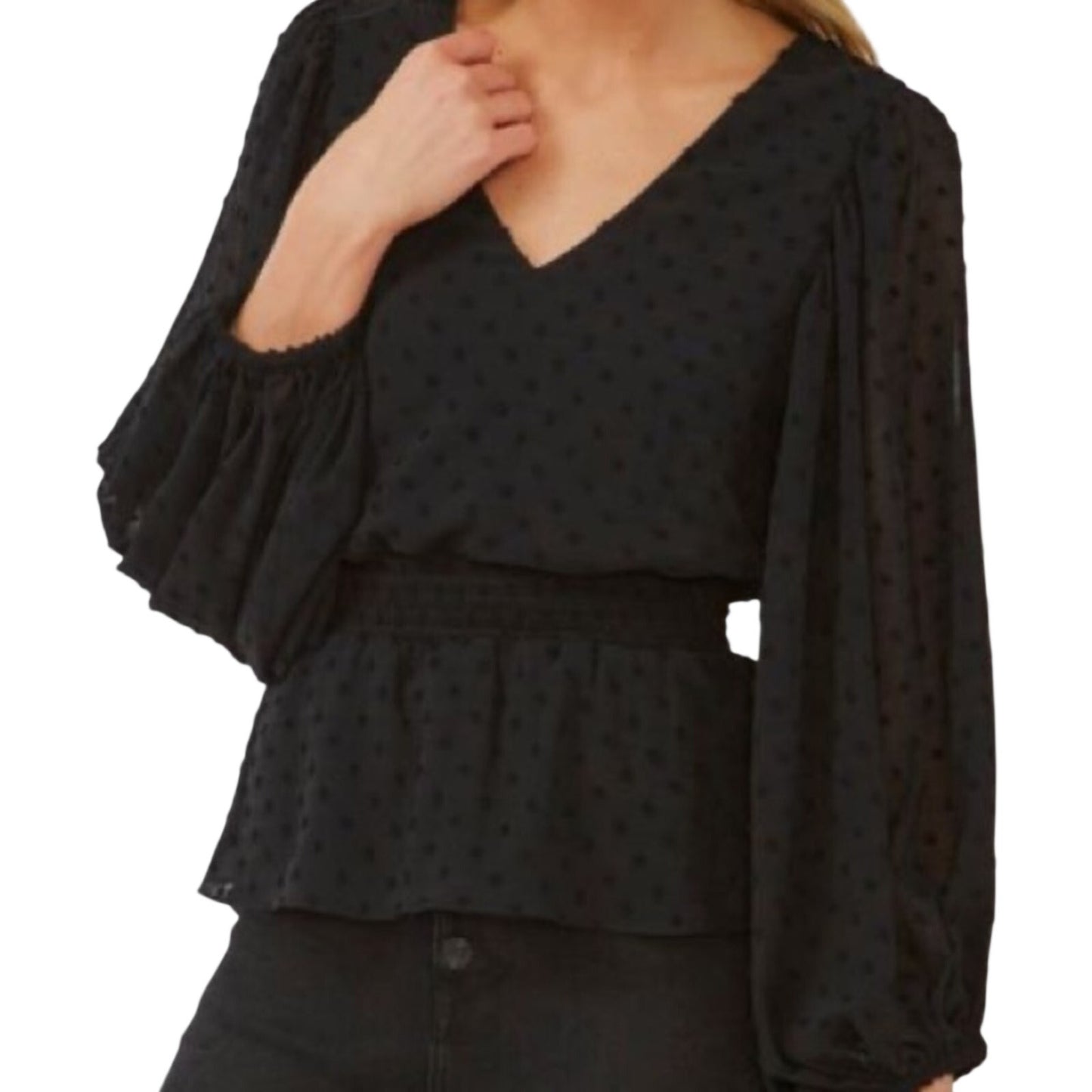 Vince Camuto Black Peplum Blouse w/ Elastic Waist & Puffy Sleeves