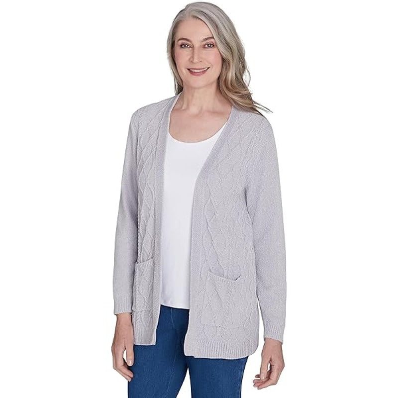 Alfred Dunner Women's Classics Textured Knit Cardigan in Light Gray