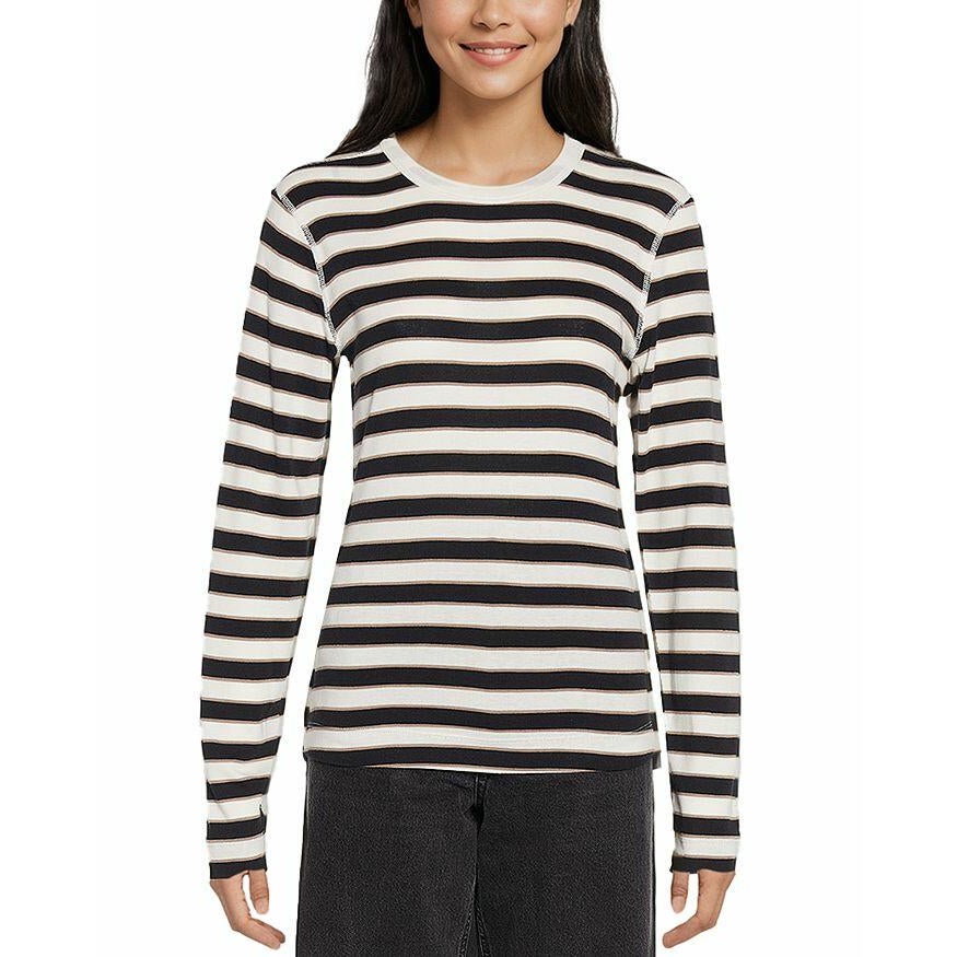 Three Dots Women's Long-Sleeve Crewneck T-Shirt in Black Egret Stripe