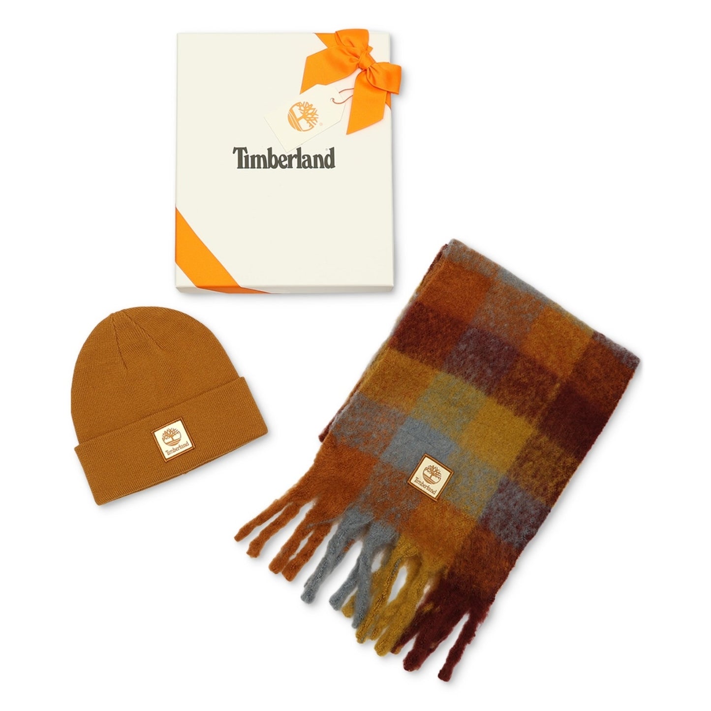 Timberland Logo Detail Multi-Check Scarf in Glazed Ginger & Beanie Boxed Set