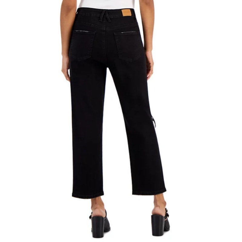 Gogo Jeans Juniors High Waisted Straight Leg Distressed Jeans in Black