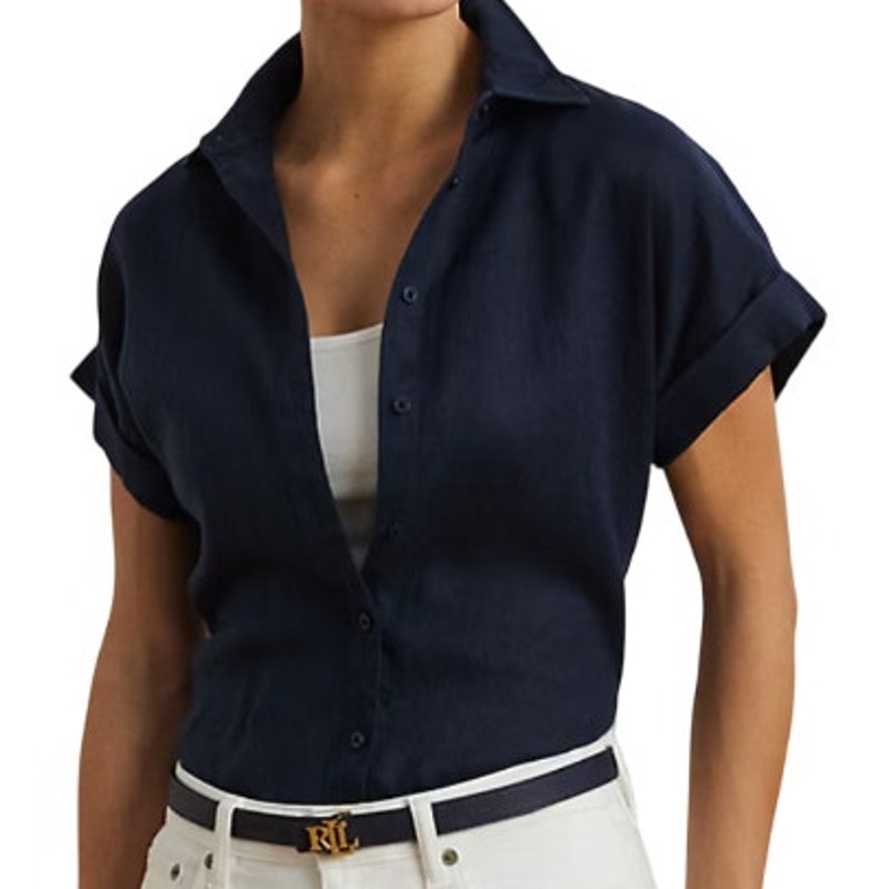 Lauren Ralph Lauren Women's Petite Dolman Sleeve Linen Top in Navy Blue, Size PS