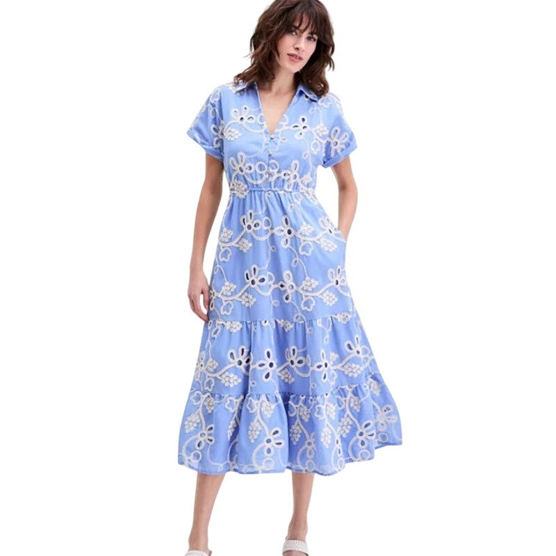 Sam Edelman Women's Rope-Embroidered Eyelet Midi Dress in Blue White