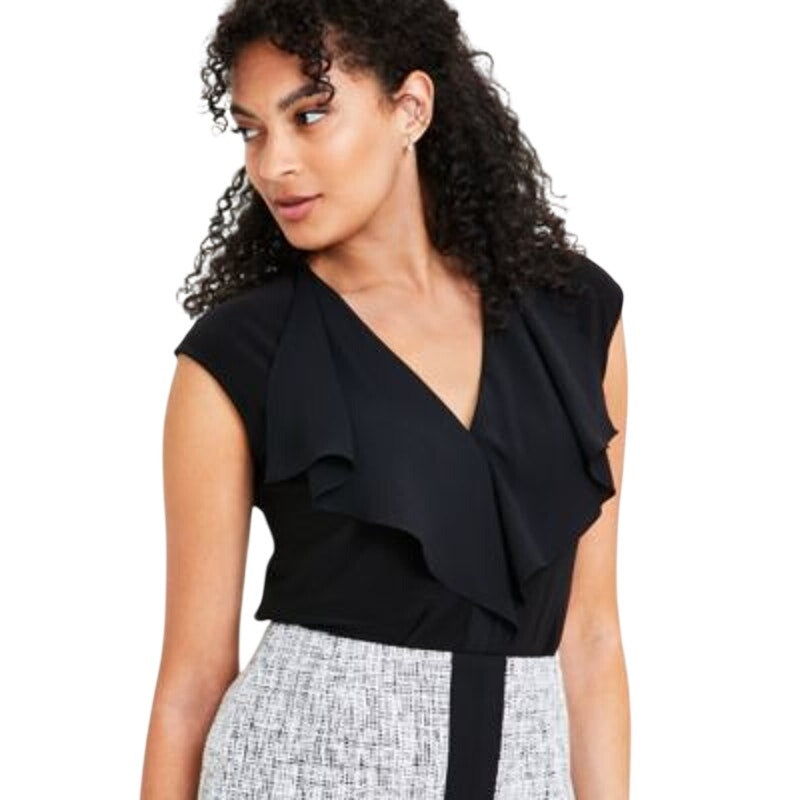 Kasper Women's Petite Sleeveless Ruffled V-Neck Top in Black