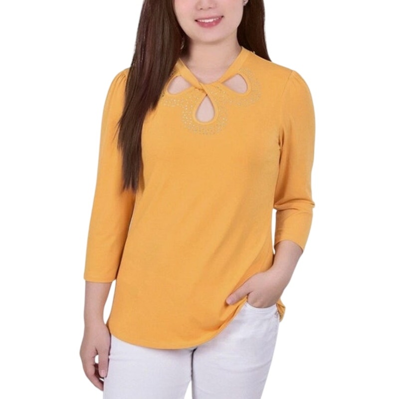 NY Collection Women's Petite 3/4 Sleeve Knit Crepe Top in Golden Glow