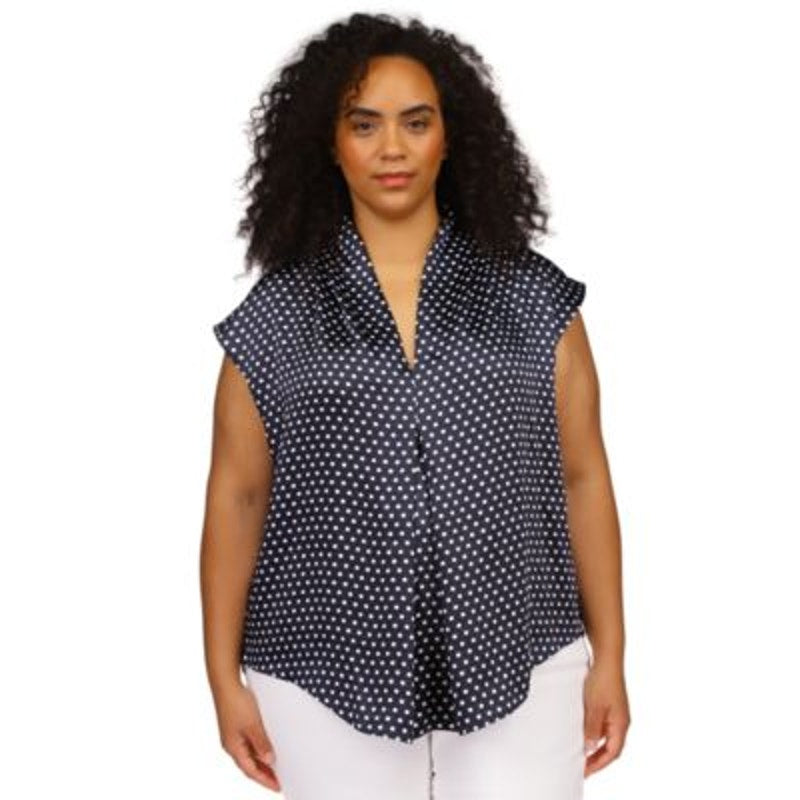 Michael Kors Plus Size Dot-Print Pleat-Front Top in Midnight Blue & White