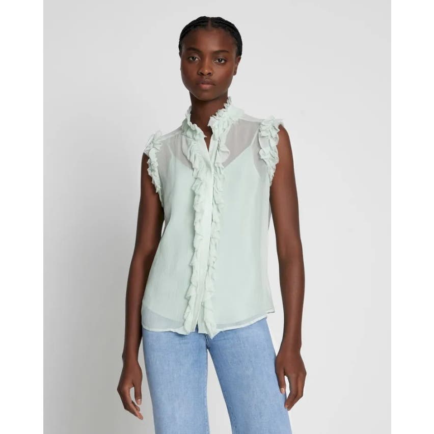 7 For All Mankind Women's Cotton Floral Print Ruffle Top Seafoam