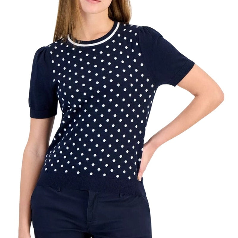 Tommy Hilfiger Women's Pleated-Sleeve Polka Dot Sweater in Midnight Navy Blue