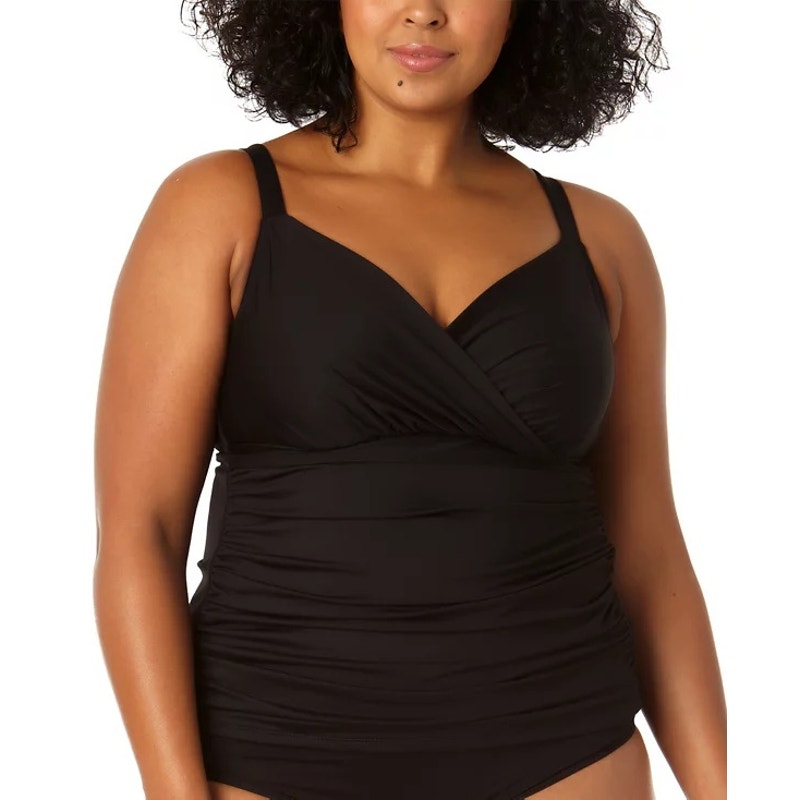 Anne Cole Plus Size Surplice-Neck Ruched Tankini Top In Black