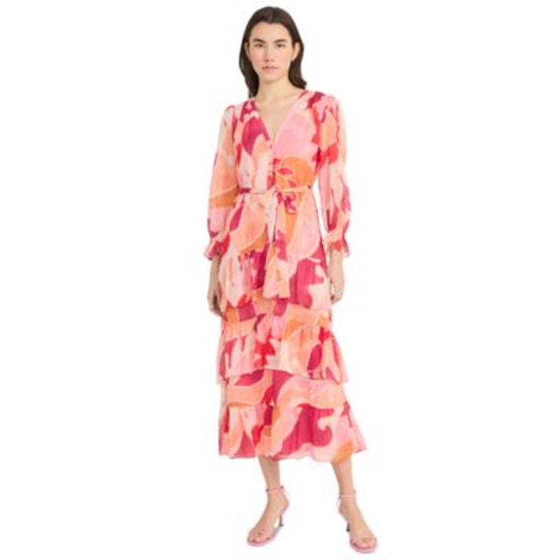 Donna Morgan Women's Floral-Print Belted Tiered Midi Dress in Cream Magenta Pink