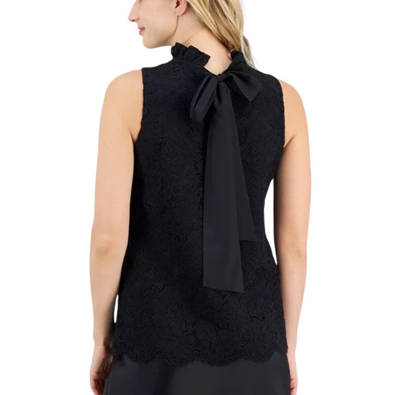 Anne Klein Women's Lace Overlay Bow-Back Ruffle-Neck Sleeveless Top in Black