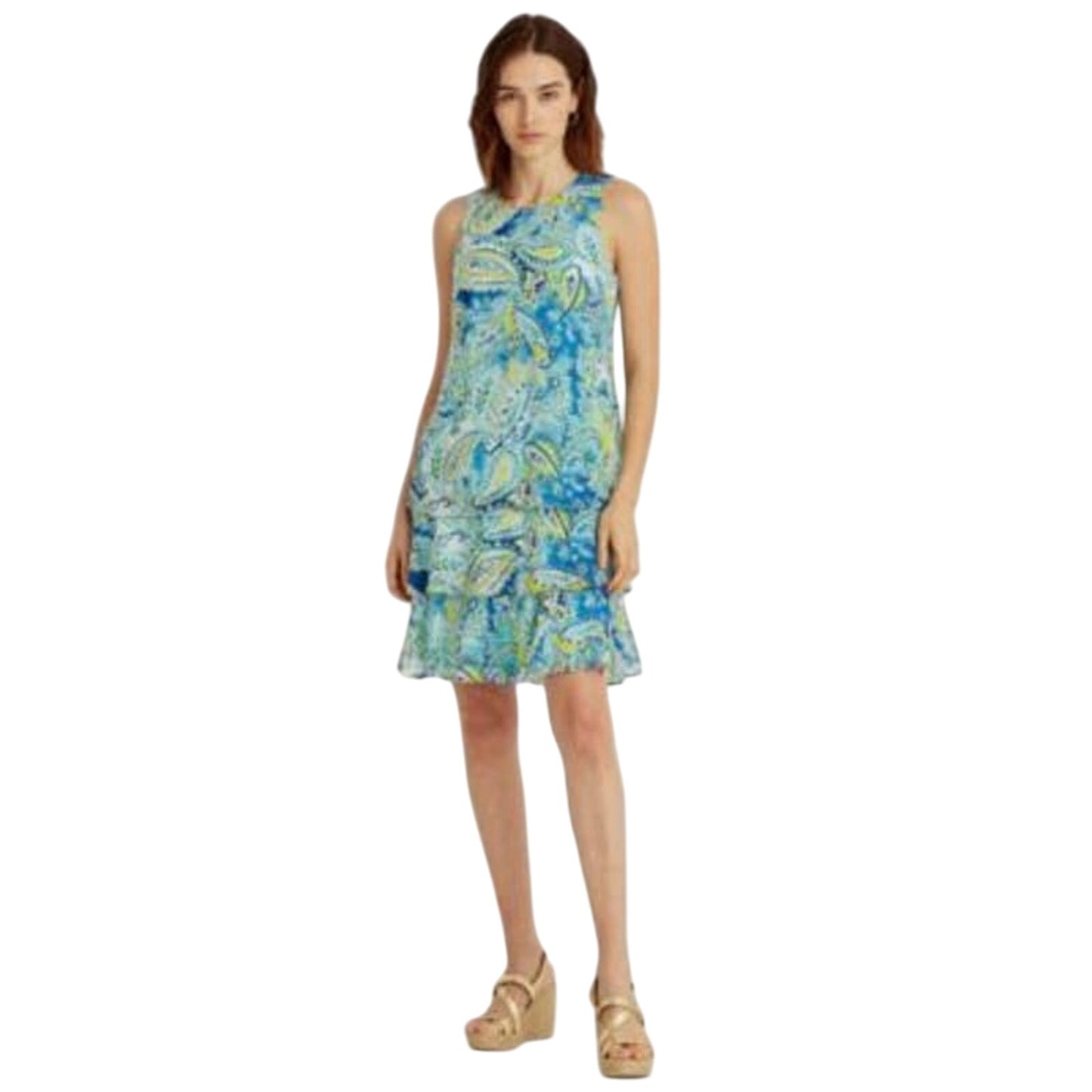 Lauren Ralph Lauren Ladies Blue & Yellow Paisley Print Georgette Shift Dress, 0P
