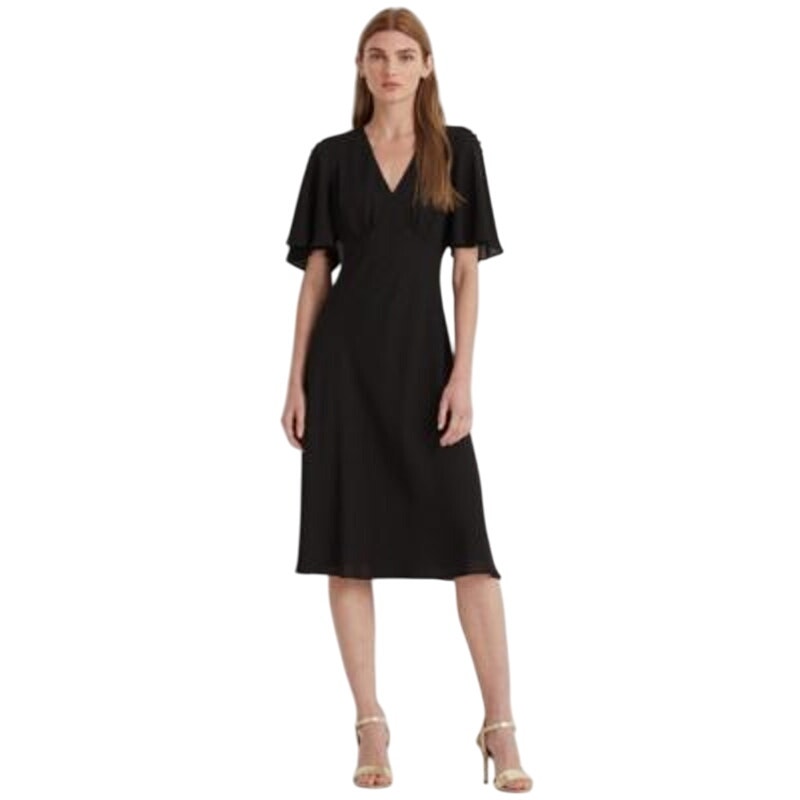 Lauren Ralph Lauren Women's Black "Georgette" Flutter Sleeve Button Dress, 10