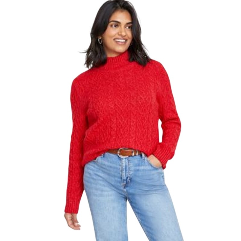 On 34th Women's Mock-Neck Cable-Knit Pullover Sweater in Chili Red