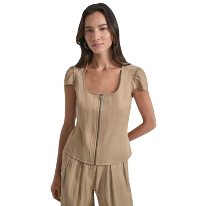 DKNY Women's Weathered Twill Square-Neck Zip-Front Top in Travertine Brown