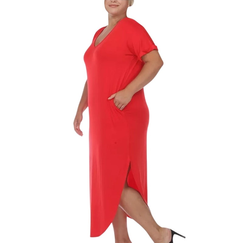 White Mark Plus Size Short Sleeve V-Neck Midi Dress in Red