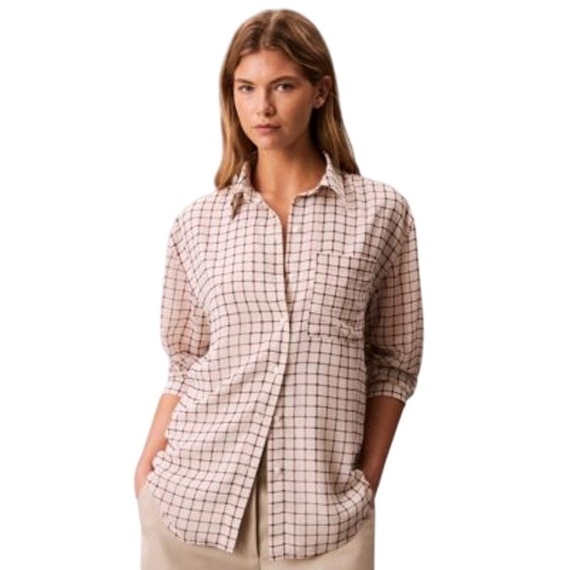 Calvin Klein Women's Printed Classic Button-Front Top in Port Cream Check