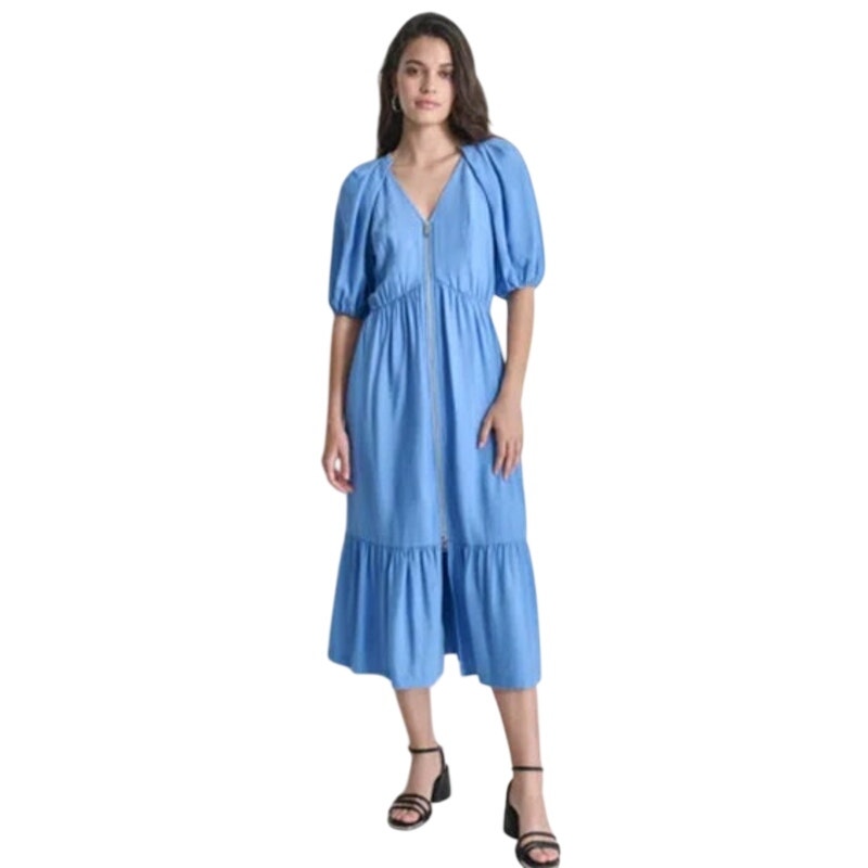 DKNY Women's Short Sleeve Full Zip-Front Midi Dress in Blue Bell