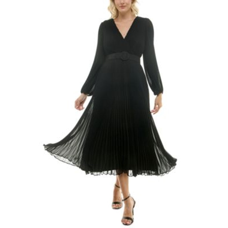 Taylor Women's Belted Pleated Fit & Flare Midi Dress in Black