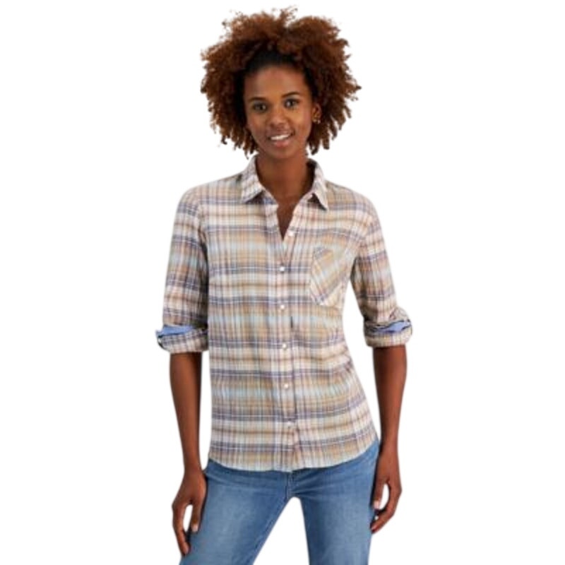 Nautica Women's Plaid Long Sleeve Roll-Tab Button Up Top in Bridal Rose Pink Tan