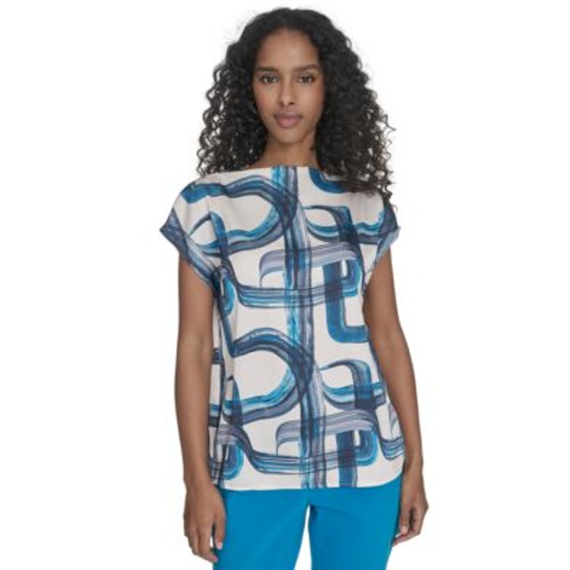 Calvin Klein Women's Petite Printed Cap Sleeve Top in Corsica Blue Multi